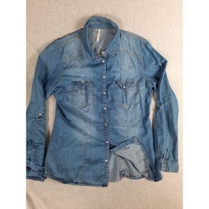 Stradivarius Men Large Embroidery Art Chambray Pear Snap Button Shirt LongSleeve